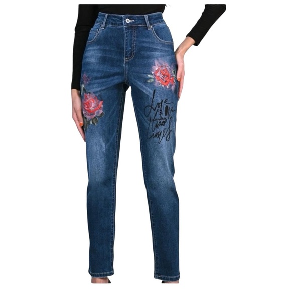 Frank Lyman Painted Roses Denim Jeans - Picture 1 of 7